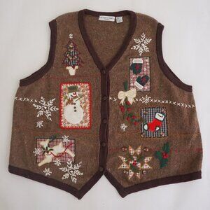 Vintage Victoria Jones Brown Knit Patchwork Snowman Angel Holiday Vest 2X